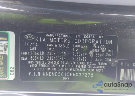 2015 Kia Sedona Sx Luxury from USA, damaged, VIN KNDME5C15F6037278